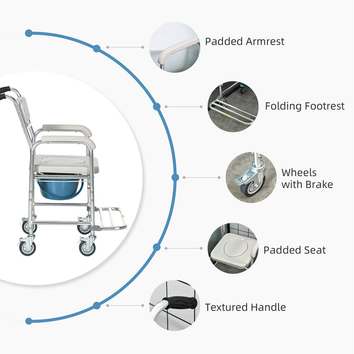 HOMCOM 3-in-1 Shower Commode Wheelchair, with Wheels - Grey | Aosom UK