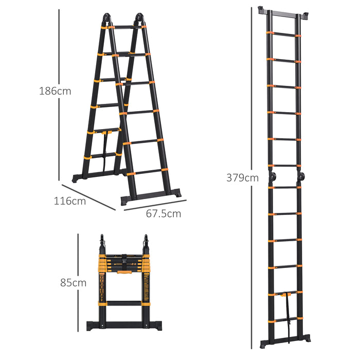 3.8M Duo Aluminium Ladder with Integrated Tool Holder - Herringbone Extendable Ladder, 12 Non-Slip Steps for Safety - Ideal for DIY Enthusiasts and Professional Use