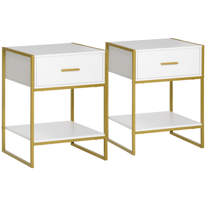 HOMCOM Bedside Table Set of 2, Modern Side Table with Drawer and Shelf, Nightstand for Bedroom, White | Aosom UK | Aosom UK