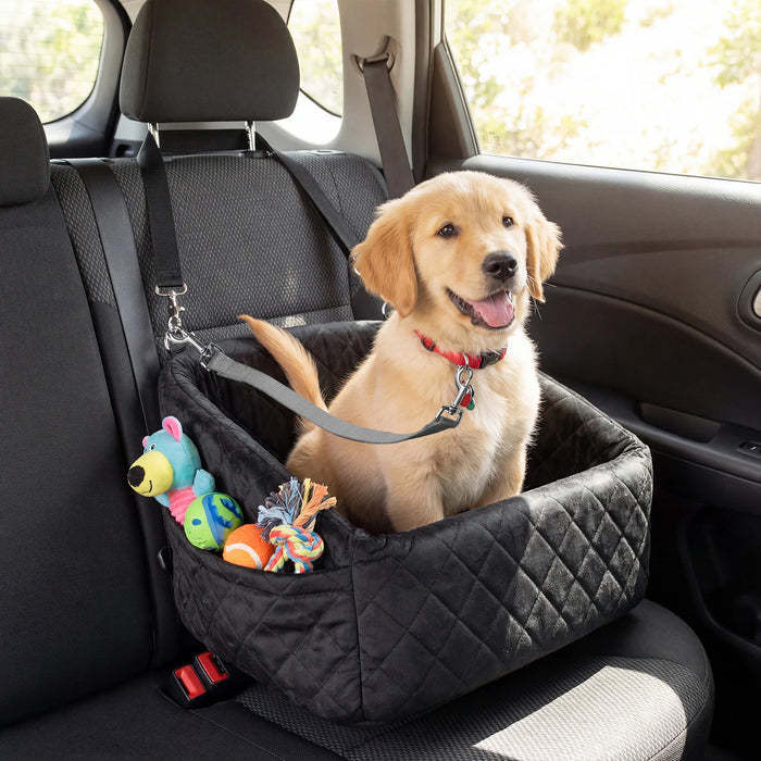 Dog Car Seat for Small Medium Pets with Safety Straps and Side Storage Pockets-
