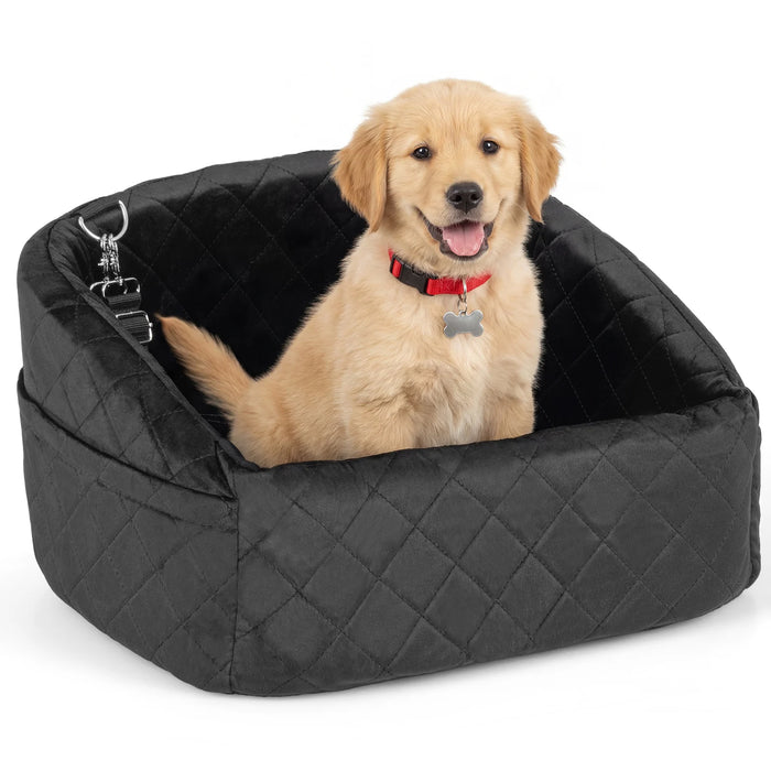 Dog Car Seat for Small Medium Pets with Safety Straps and Side Storage Pockets-