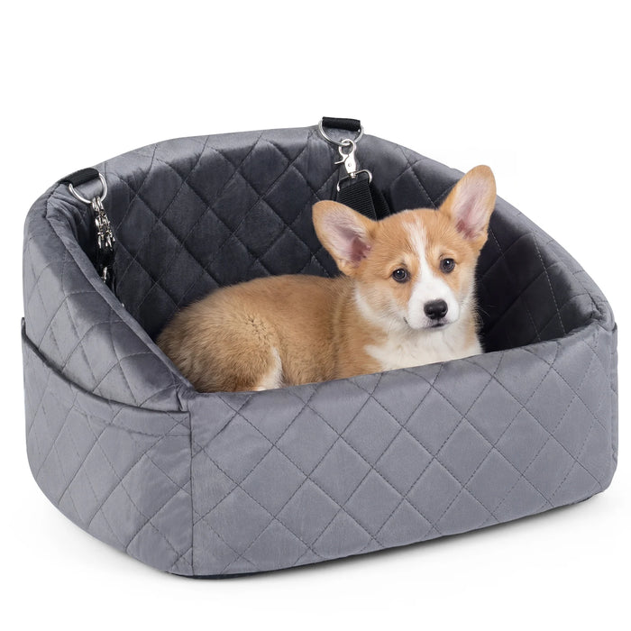 Dog Car Seat for Small Medium Pets with Safety Straps and Side Storage Pockets-