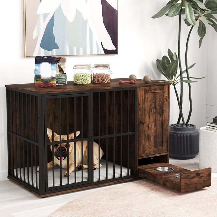 120CM Dog Crate Furniture with Hidden Pull-out Bowls in Drawer-
