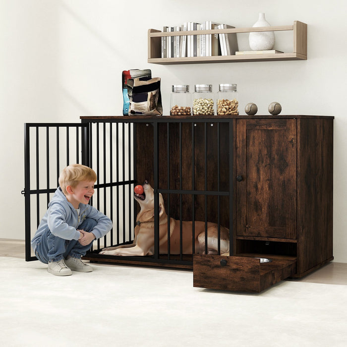 120CM Dog Crate Furniture with Hidden Pull-out Bowls in Drawer-