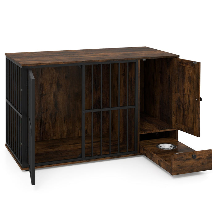 120CM Dog Crate Furniture with Hidden Pull-out Bowls in Drawer-