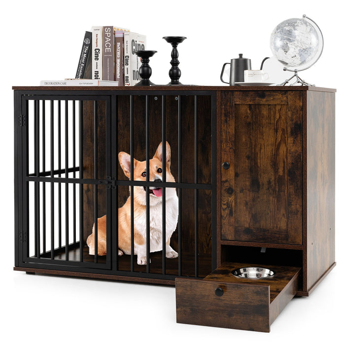 120CM Dog Crate Furniture with Hidden Pull-out Bowls in Drawer-