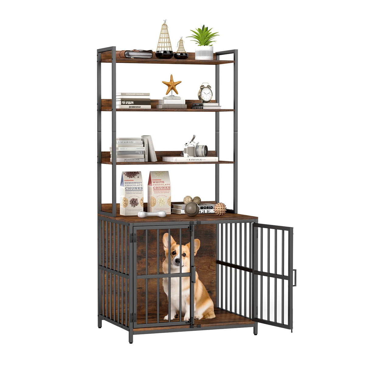 Dog Crate Furniture with Storage Shelves and Double Doors for Small Me ...