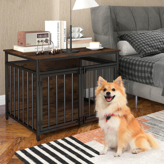Dog Crate with Three Doors with Hollow Top for Small and Medium Dogs-Rustic Brown