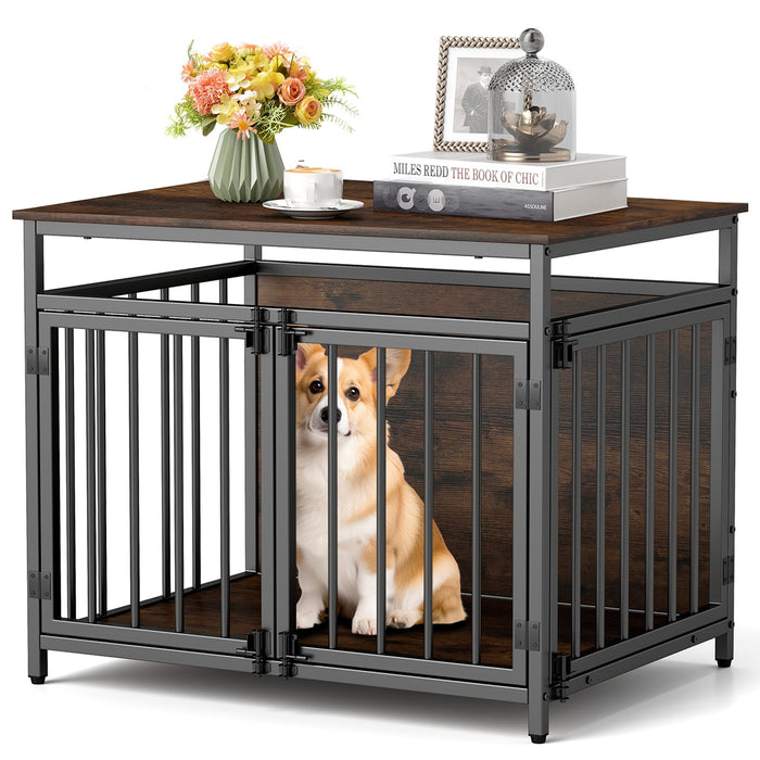 Dog Crate with Three Doors with Hollow Top for Small and Medium Dogs-Rustic Brown