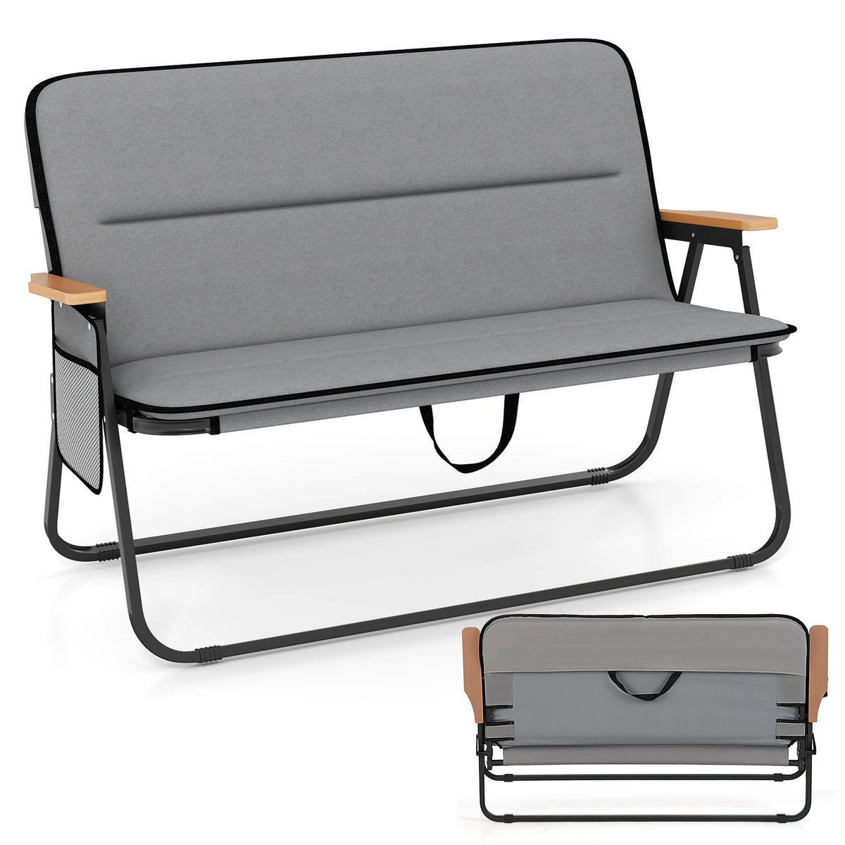 Double Camping Chair 2-Person with Detachable Cushion and Side Pocket -