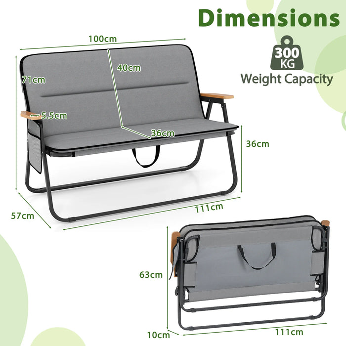 Double Camping Chair 2-Person with Detachable Cushion and Side Pocket -