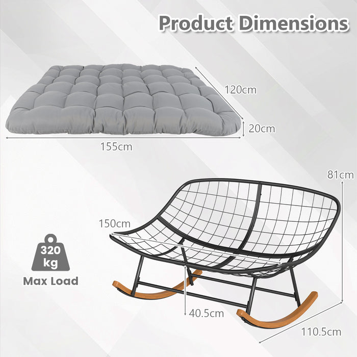Double Papasan Rocking Chair for 2 Oversized 320 kg Outdoor Metal Loveseat with Thick Cushion-