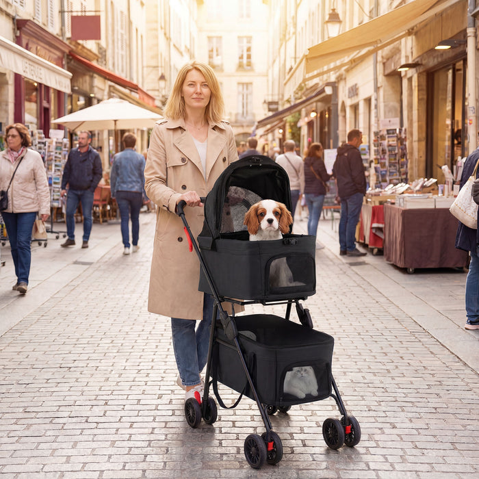 Double Pet Stroller 3 in 1 Foldable with 2 Detachable Carriers Car Seats-
