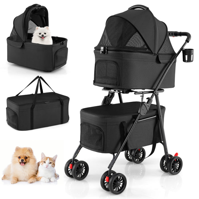 Double Pet Stroller 3 in 1 Foldable with 2 Detachable Carriers Car Seats-