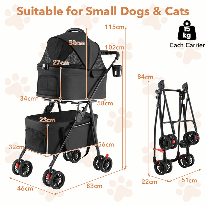 Double Pet Stroller 3 in 1 Foldable with 2 Detachable Carriers Car Seats-