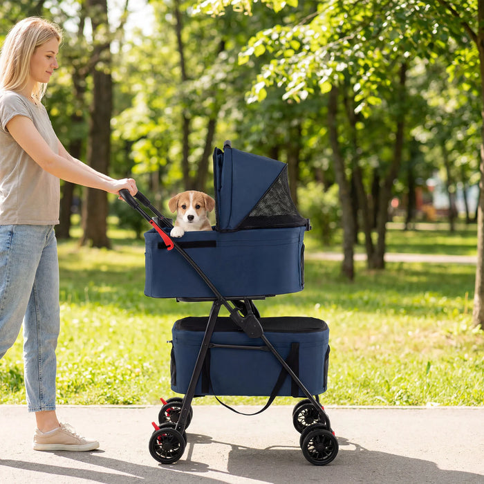 Double Pet Stroller 3 in 1 Foldable with 2 Detachable Carriers Car Seats-