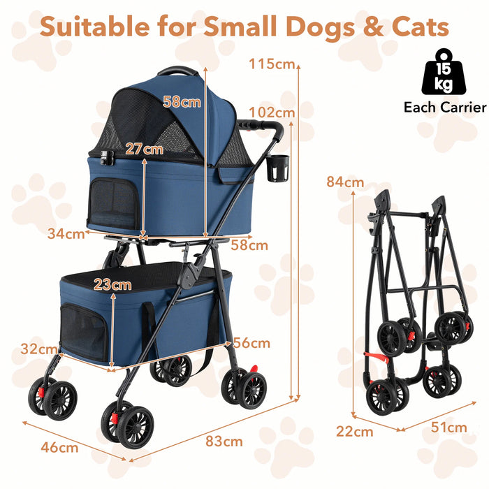 Double Pet Stroller 3 in 1 Foldable with 2 Detachable Carriers Car Seats-