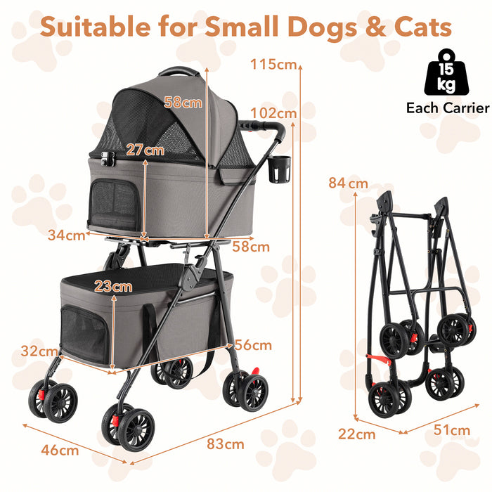 Double Pet Stroller 3 in 1 Foldable with 2 Detachable Carriers Car Seats-