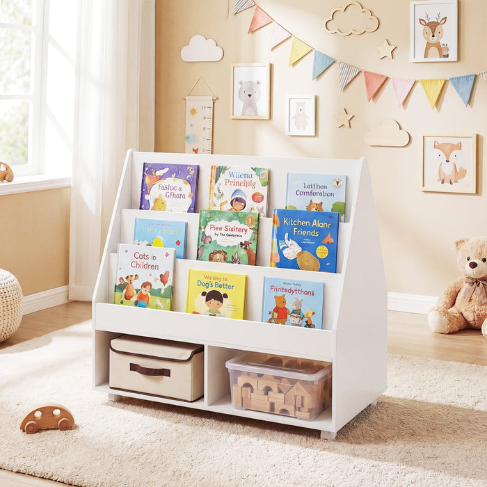 Double-Sided Kids Bookshelf Toddler Book Shelf on Wheels with Chalkboard-