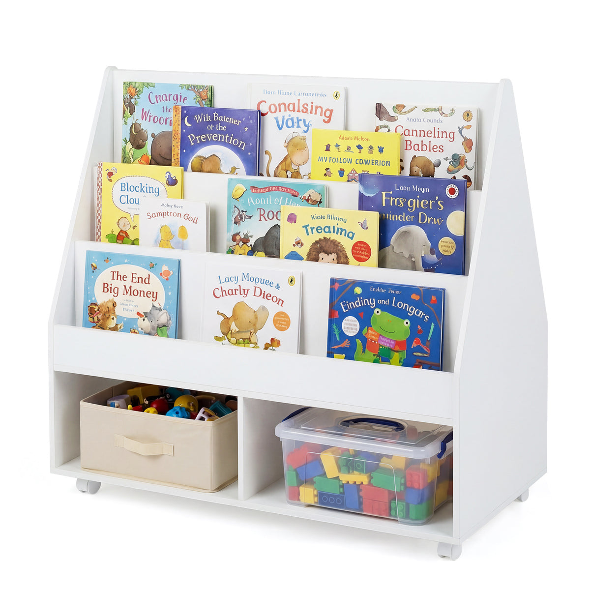 Double-Sided Kids Bookshelf Toddler Book Shelf on Wheels with Chalkboard-