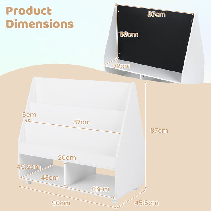 Double-Sided Kids Bookshelf Toddler Book Shelf on Wheels with Chalkboard-