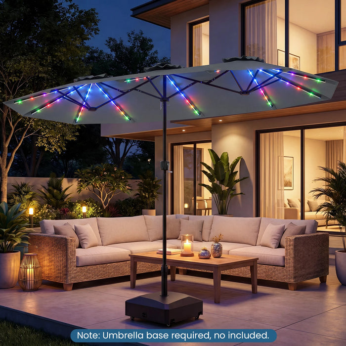 Double-Sided Patio Umbrella with Color-Changing Flowing Solar LED Lights-Beige