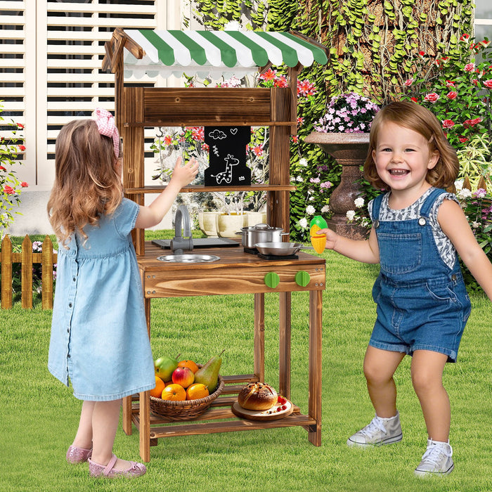 Double-Sided Mud Kitchen Wooden Barbecue Grill Playset with Canopy-