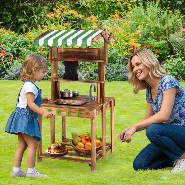 Double-Sided Mud Kitchen Wooden Barbecue Grill Playset with Canopy-