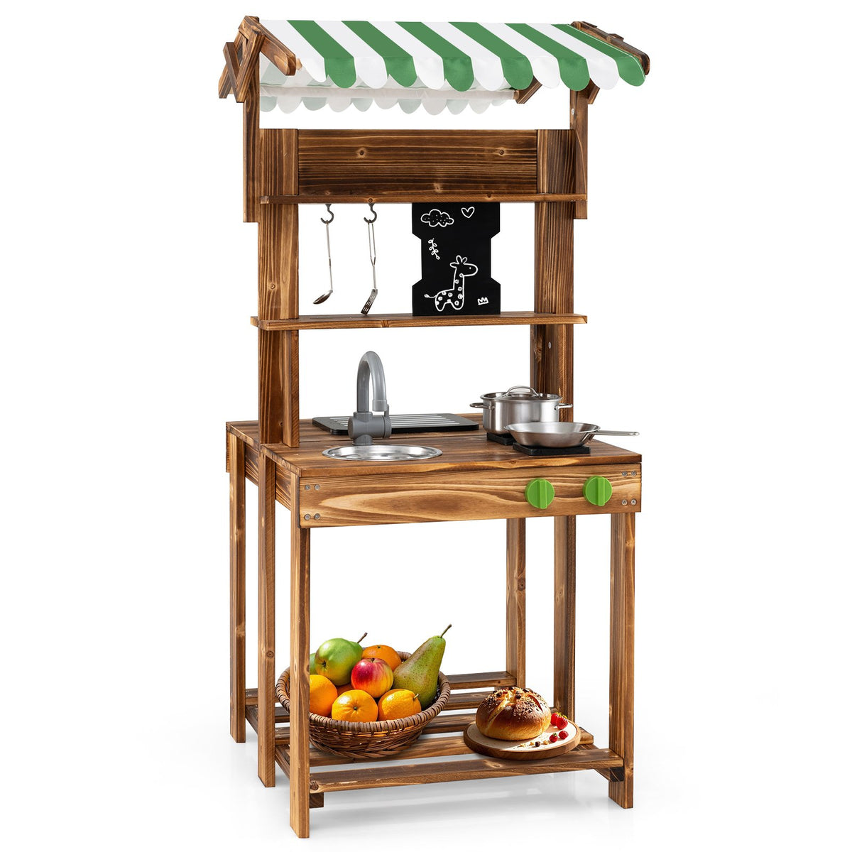Double-Sided Mud Kitchen Wooden Barbecue Grill Playset with Canopy-