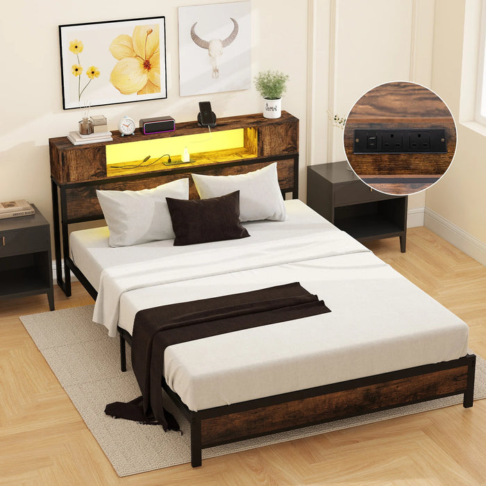 Double Size Bed Frame with LED Lights and Charging Station-Brown