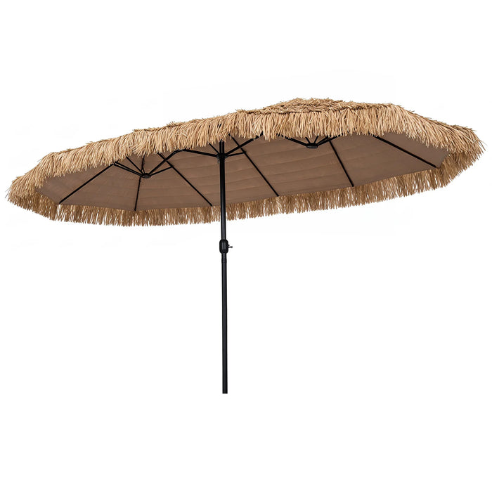 Double-sided Thatched Tiki Patio Umbrella with Crank Handle and 12 Sturdy Ribsfor Garden Deck Pool Yard-Brown