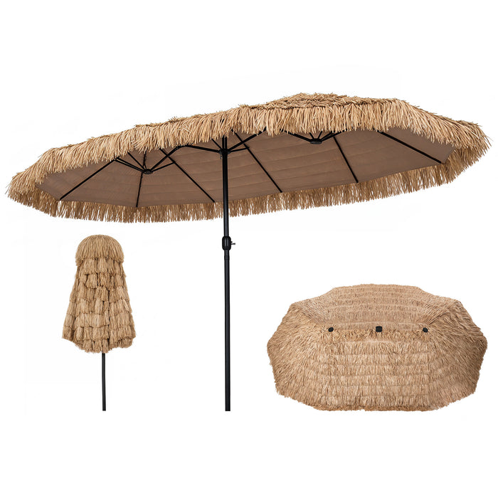 Double-sided Thatched Tiki Patio Umbrella with Crank Handle and 12 Sturdy Ribsfor Garden Deck Pool Yard-Brown