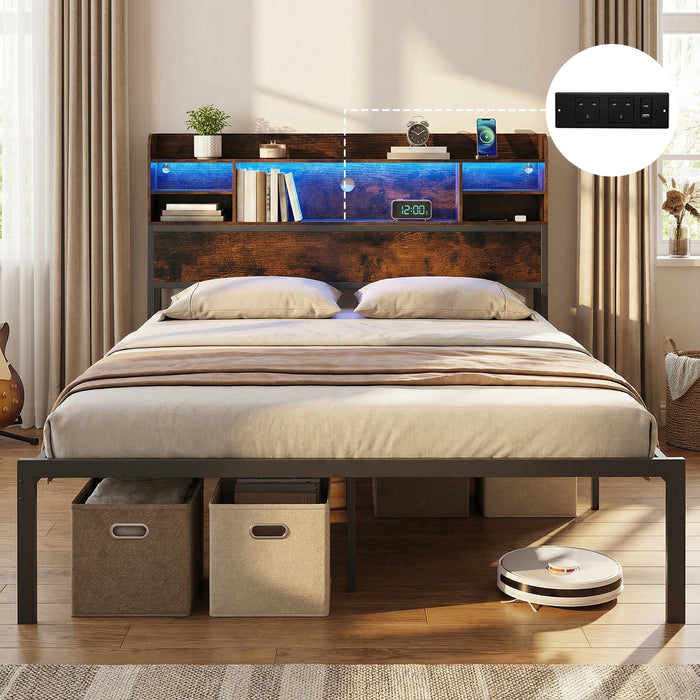 Double/King Size Bed Frame with LED Lights and Charging Station-Rustic Brown-Double Size