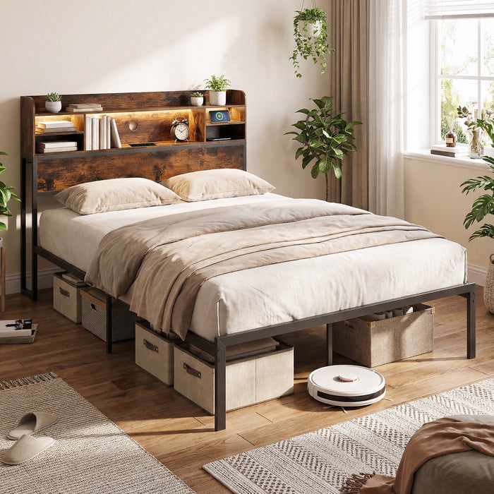 Double/King Size Bed Frame with LED Lights and Charging Station-Rustic Brown-Double Size