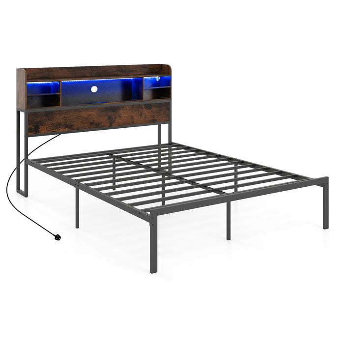 Double/King Size Bed Frame with LED Lights and Charging Station-Rustic Brown-Double Size