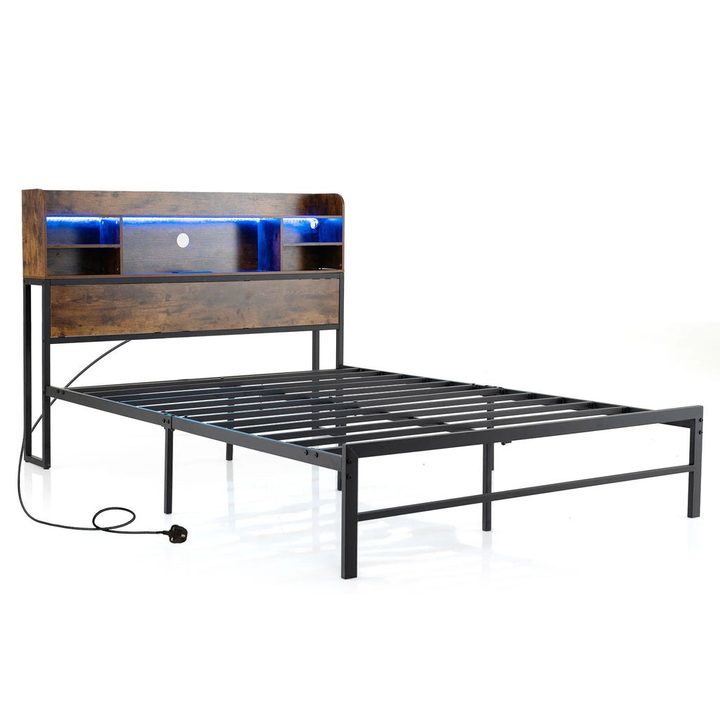 Double/King Size Bed Frame with LED Lights and Charging Station-Rustic Brown-Double Size