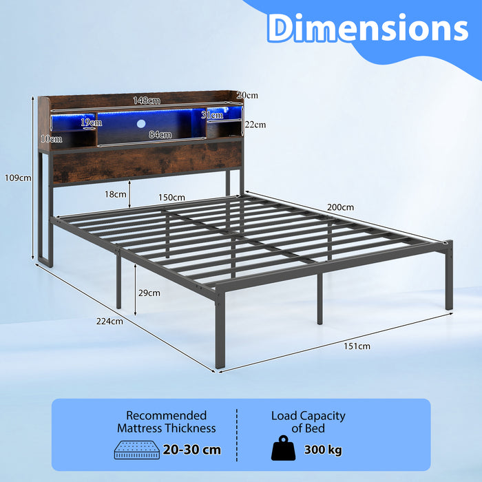 Double/King Size Bed Frame with LED Lights and Charging Station-Rustic Brown-Double Size