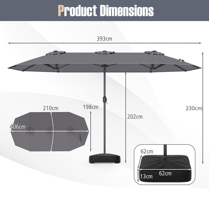 Extra Large Double-Sided Patio Umbrella Twin with Fillable Base and Crank Handle-