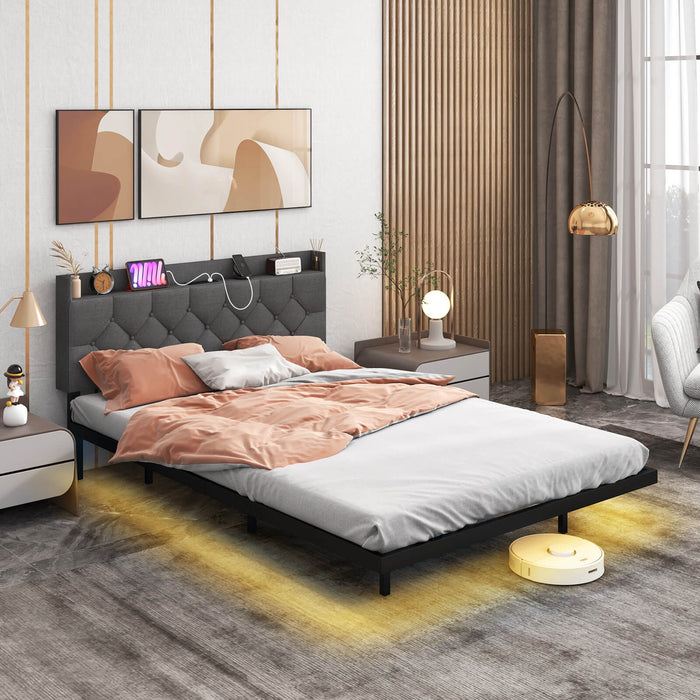 King Size Floating Bed Frame Collection - Adjustable Headboard, Charging Station, Grey Colour - Perfect for Modern Bedrooms and Tech-Savvy Individuals