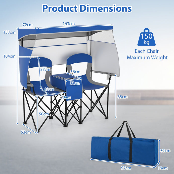 Double Beach Chair with Adjustable Canopy and Roll-up Shade-