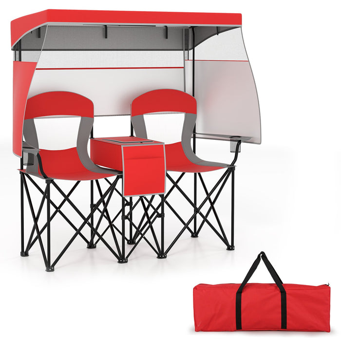 Double Beach Chair with Adjustable Canopy and Roll-up Shade-