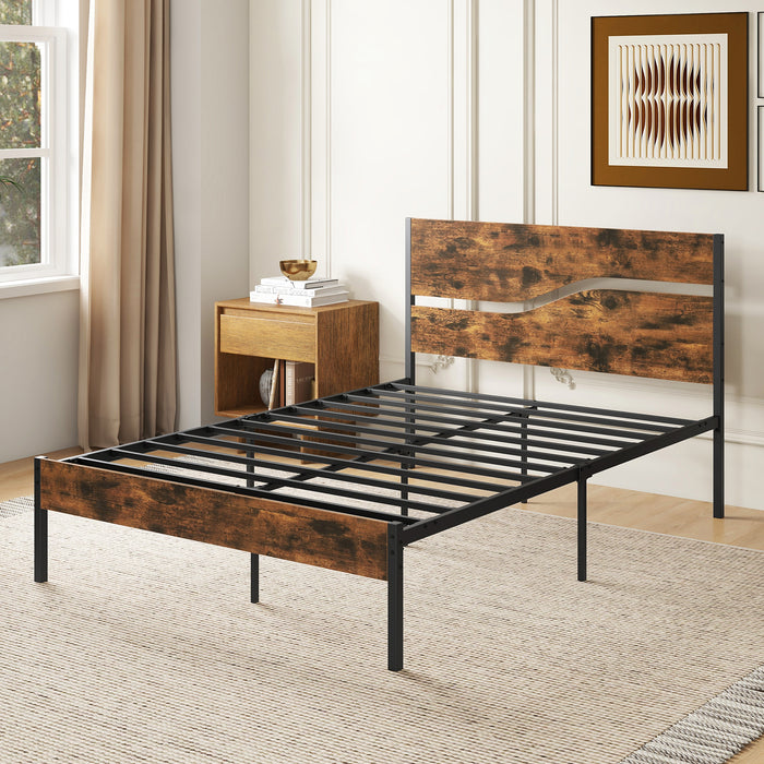 Single/Double/King Metal Bed Frame with Wooden Headboard and Footboard-Rustic Brown-Double Size