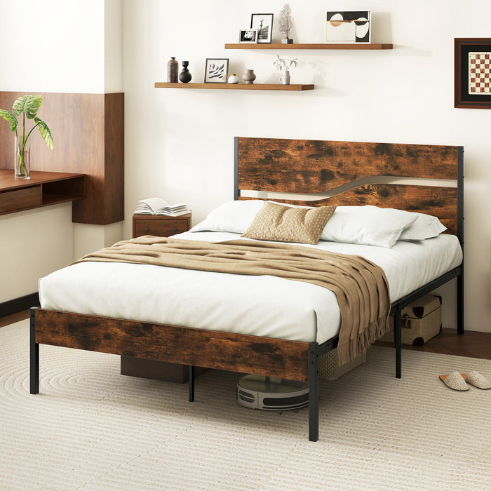 Single/Double/King Metal Bed Frame with Wooden Headboard and Footboard-Rustic Brown-Double Size