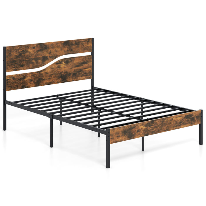 Single/Double/King Metal Bed Frame with Wooden Headboard and Footboard-Rustic Brown-Double Size