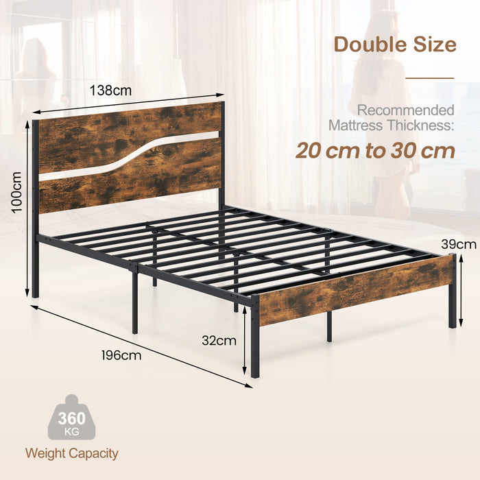 Single/Double/King Metal Bed Frame with Wooden Headboard and Footboard-Rustic Brown-Double Size