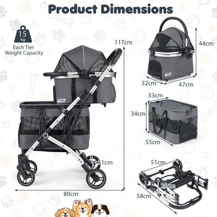 Double Pet Stroller with 2 Detachable Carriers 4-in-1 Foldable Dog Jogger Car Seat-