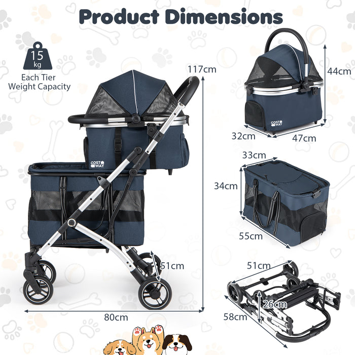 Double Pet Stroller with 2 Detachable Carriers 4-in-1 Foldable Dog Jogger Car Seat-