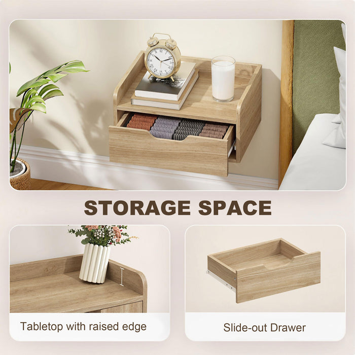 HOMCOM Floating Nightstands Set of 2, Wall Mounted Bedside Table with Drawer for Bedroom, Natural Wood