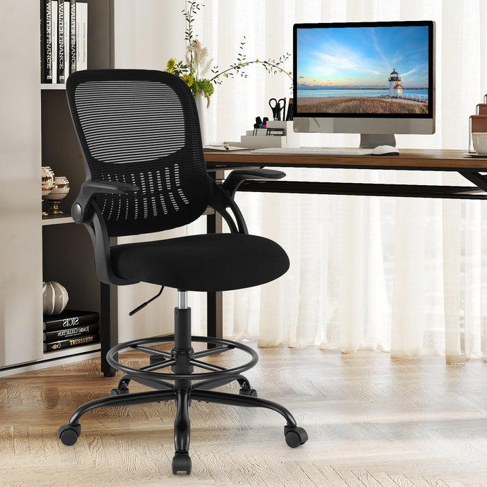 Drafting Chair Tall Mesh Swivel Task Chair with Flip Up Armrests and Adjustable Footrest Ring-
