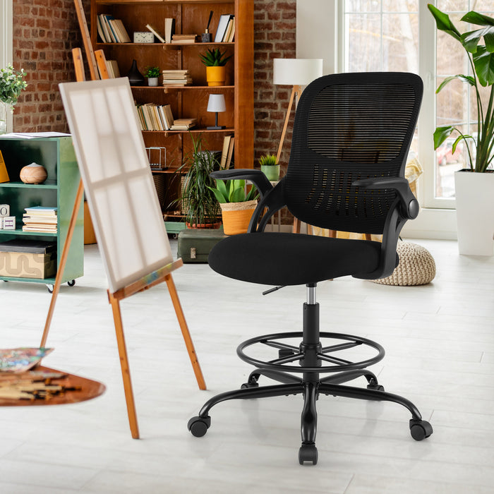 Drafting Chair Tall Mesh Swivel Task Chair with Flip Up Armrests and Adjustable Footrest Ring-
